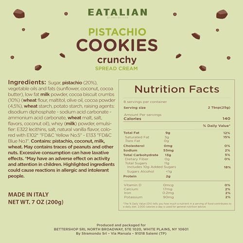 EATALIAN by AMZ BETTER Pistachio Cream with Sweet Crunchy Cookies, 7 oz/200 gr, Delicious Spread with a Uniquely Sweet Taste, Ideal on Bread, Excellent for Dubai Chocolate, Made in Italy