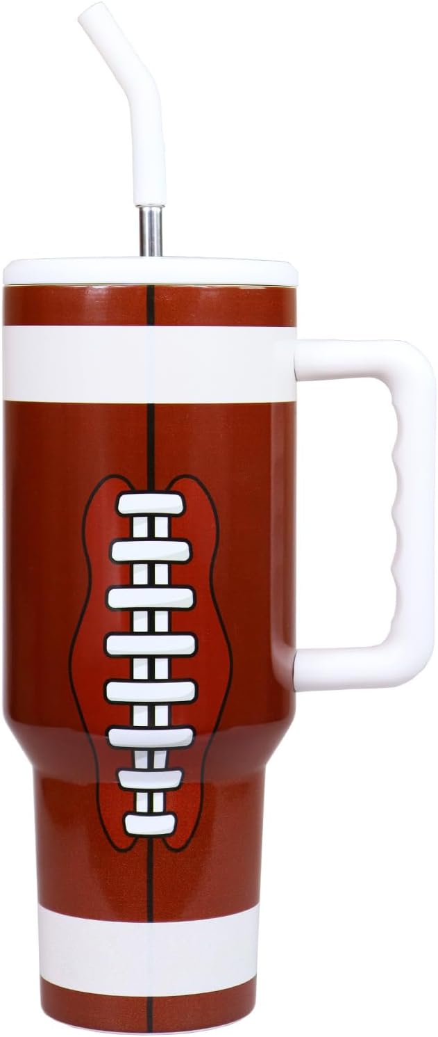 Football Tumbler 40 oz with Handle and Straw, Football Gifts for Sports Lovers Cup Holder Friendly Insulated Travel Mug Stainless Steel Water Bottle