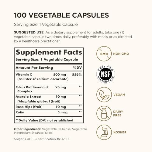 Solgar Ester-C Plus 500 mg Vitamin C (Ascorbate Complex), 100 Vegetable Capsules - Gentle & Non Acidic - Antioxidant & Immune Support - Non GMO, Vegan, Gluten-Free, Kosher - 100 Servings