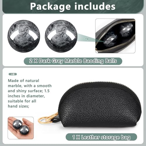 AceOrbit Baoding Balls Set of 2, Chinese Stress Relief Hand Exercise Balls with Leather Pouch, 1.57 Inch Dark Grey Marble, Finger Exercise and Wrist Strength Training