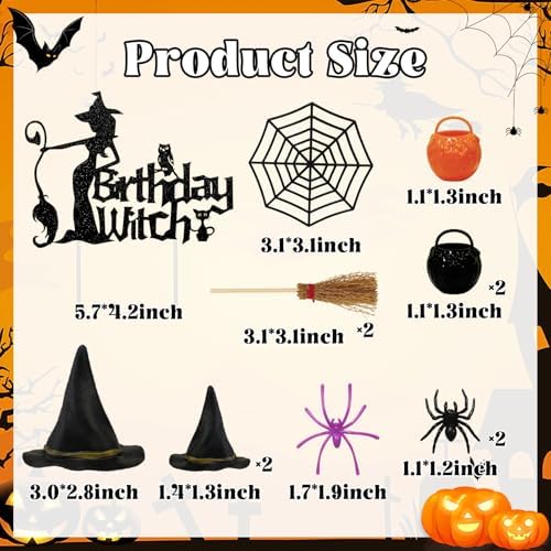 Morofme 13pcs Witch Cake Topper Halloween Cake Decoration Halloween Witch Cakes Decorations Black Themed Cupcake Toppers Hat Broom Spider Web Glitter Happy Birthday Decor for Scary Party Supplies