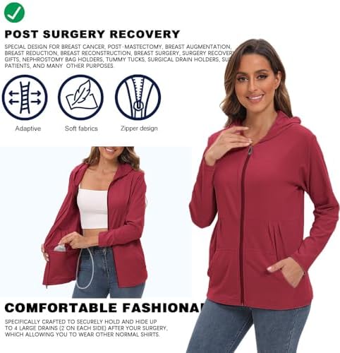 Post Mastectomy Shirts with Drain Pockets Breast Mastectomy Recovery Must Haves Soft Long Sleeve Zip Up Shirts Clothing
