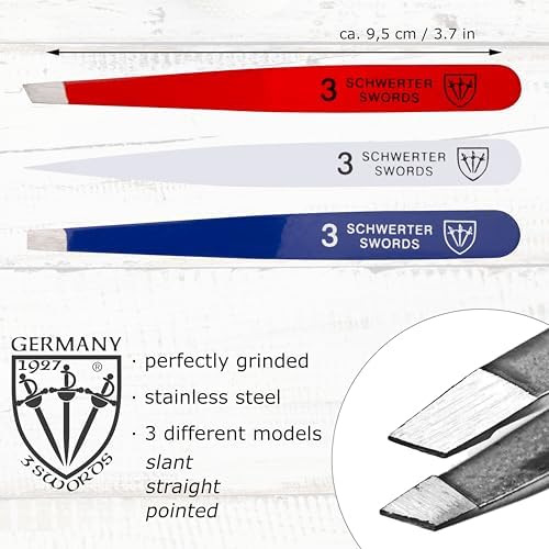 3 Swords Germany – brand quality professional stainless steel precision tweezer set “USA”, slanted, straight, pointed eyebrows hair, synthetic leather case, manicure pedicure by 3 Swords