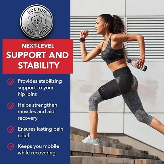 Dr. Arthritis Doctor Developed Strengthening Stabilizing Hip Brace for Men Women,Compression Wrap for Hip Pain,Hips Support Brace,Thigh Supports With Handbook, hamstring brace(LXL, Black)