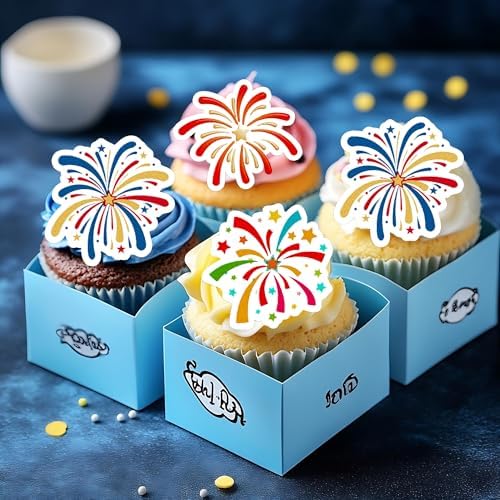50 PCS Edible Firework Cupcake Toppers Wafer Paper Happy New Year Cake Toppers Edible New Years Fireworks Party Decorations for Fireworks Theme New Years Eve Party Cake Decorations Supplies