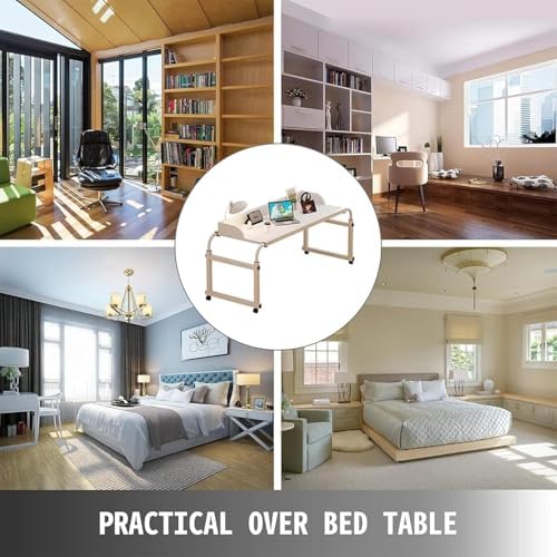 Height Adjustable Overbed Table with Wheels, 120-210cm White Mobile Desk, 65-95cm Stand, Laptop Cart for Bed Sofa Office Wood Color