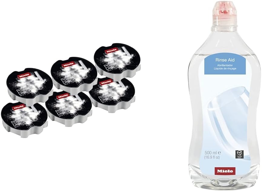 Miele PowerDisk All in 1 Dishwasher Detergent for Dishwashers with AutoDos, 6-Pack & Dishwasher Rinse Aid, for Optimal Drying and Sparkling Finish with Glass Protection Formula, 16.9 oz