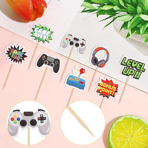 40 PCS Video Game Cupcake Toppers Double Sided Game On Controllers Cupcake Picks GamePad Cupcake Decorations for Game Theme Baby Shower Kids Boys Gamer Birthday Party Cake Decorations Supplies