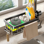Buachois Sponge Holder for Kitchen Sink, Over Faucet Metal Basket with Drip Tray and Hanging Hook, Detachable Faucet Drain Rack for Soap Brush Rag (Black)