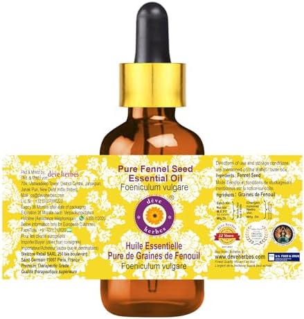 Deve Herbes Pure Fennel Seed Essential Oil (Foeniculum vulgare) with Glass Dropper Steam Distilled 30ml (1 oz)