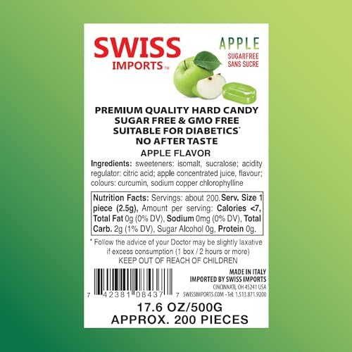 Swiss Imports Sugar Free Bonbons Hard Candy Drops, Apple, 200 Individually Wrapped Pieces, 500g/17.6oz