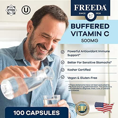 FREEDA Buffered Vitamin C 500mg – Non-Acidic Calcium Ascorbate – Immune Support & Antioxidant – Kosher, Gentle on Stomach – 100 Capsules