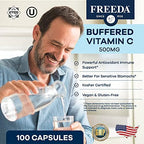 FREEDA Buffered Vitamin C 500mg – Non-Acidic Calcium Ascorbate – Immune Support & Antioxidant – Kosher, Gentle on Stomach – 100 Capsules