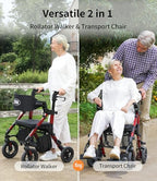 VOCIC Walkers for Seniors, Wheelchairs for Adults, Rollator Walker with Seat, 2 in 1 Rollator Transport Chair with Brakes, Rollator Lightweight Foldable, Walker Wheelchair Combo