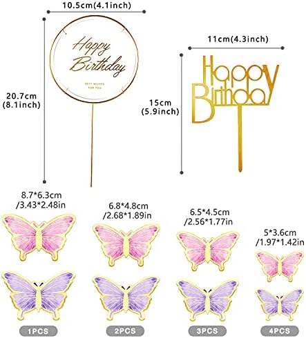 22-Pieces Butterfly Cake Decorations With Happy Birthday Acrylic Cake Toppers for Baby Shower Wedding Birthday Party Decor (Purple & Pink)