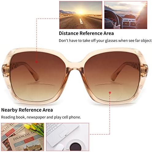 JM Bifocal Reading Sunglasses for Women Fashion Oversized Square Sun Readers Outdoor Reading Glasses UV400 Protection Brown +2.5
