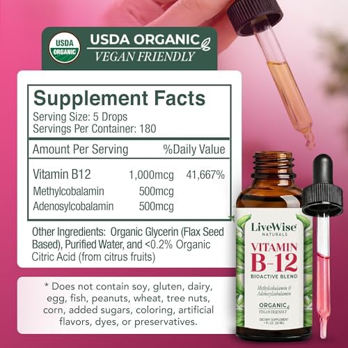 Organic Vitamin B12 1000 mcg Sublingual Liquid Drops For Adults, 6 Months Supply 1 oz, Methylcobalamin & Adenosylcobalamin - Bioactive Blend for Energy, Clarity & Focus - Vegan, Non-GMO, Unflavored