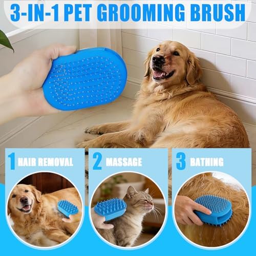 Upgraded Double-Sided Dog Grooming Brush, Silicone Pet Bath Brush for Long Short Haired Dogs and Cats, Dog Shampoo Brush for Shower, Massage, 3-in-1 Hair Removal Comb for Shedding & Deshedding