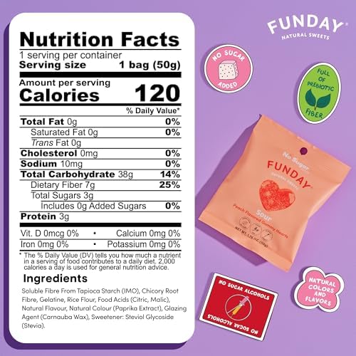 FUNDAY Sour Peach Hearts – 12 x 50g Bags – No Sugar Added – Gluten-Free Sour Candy with Natural Flavors & Prebiotic Fiber