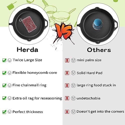 Herda 316L Cast Iron Scrubber Cleaner, Large Cast Iron Chain Mail Scrubber - Chainmail Scrubber Sponge - Metal Skillet Scrubbing, Wok, Dutch Oven Cleaning Kit