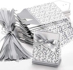 KUPOO 50PCS Candy Boxes,Silver Ribbon Wedding Favor Boxes Candy Bag Cake Box for Wedding Party Decoration Easter (silver)