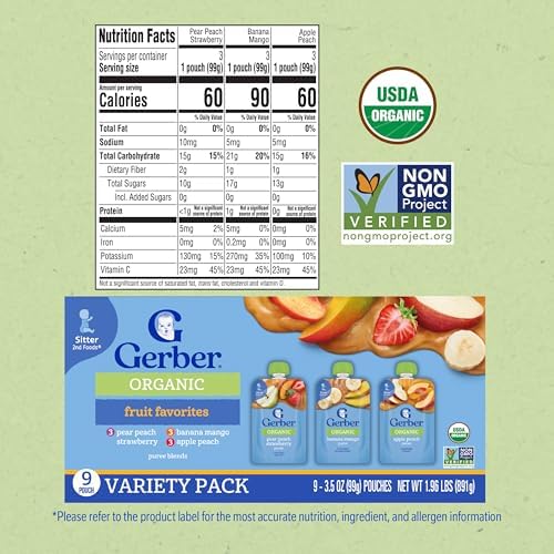 Gerber Stage 2 Baby Food, Organic Fruit Favorites Puree Pouches Variety Pack, No Added Sweetener, Baby Food Pouches, 9-Pack