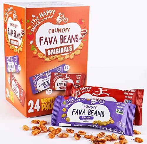 The Happy Snack Company Fava Beans Variety Pack 24 x 1 oz (Smoky BBQ Flavor and Pizza Flavor). High Fiber Vegan Protein Snacks for Adults and Kids. Gluten free. Nut free. Dairy free. Non-GMO and Vegan. Only 130 Cals.
