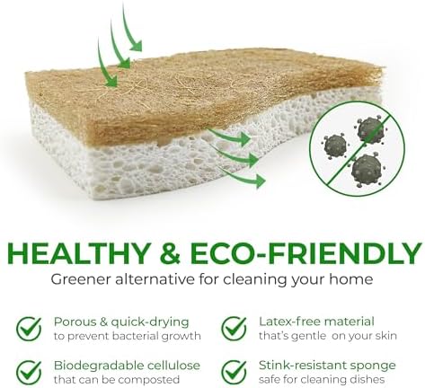 AIRNEX Natural Kitchen Sponges (12 Pack) - Biodegradable Cellulose & Coconut Scrubber Dish Sponges for Kitchen - Eco-Friendly, Non Scratch, Compostable, Non Toxic S-Shaped Natural Sponges for Dishes