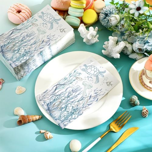 100 Pcs Coastal Turtle Bathroom Paper Guest Towel 2 Ply Summer Guest Napkins Blue Bathroom Paper Hand Towels Jellyfish Dinner Nautical Napkins for Wedding Baby Shower Holiday Party