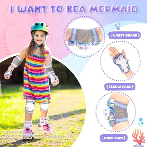 NEMONE Mermaid Knee Pads for Kids, Girls Boys Knee Elbow Pads Wrist Guards with Drawstring Bag, Adjustable Reflective Protective Gear Set for Roller Skates Bike Cycling Skateboard Scooter