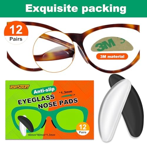 Eyeglass Nose Pads for Glasses - 1.3mm Ultra Thin Silicone Anti-Slip Stick-On Grips, Replacement Anti Slip Nosepads for Plastic Frames Eyeglass Glasses Sunglasses 12 Pairs