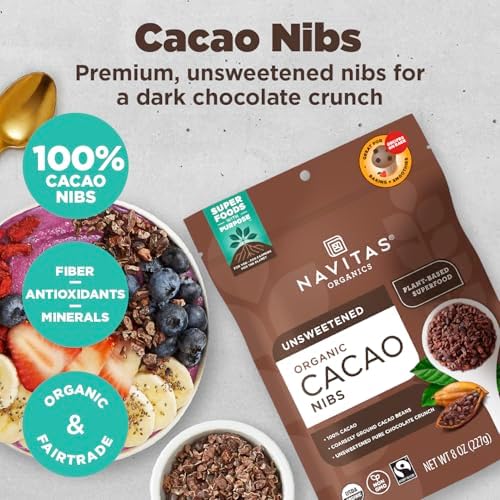 Navitas Organics Cacao Nibs – Unsweetened Dark Chocolate Crunch – Antioxidants, Minerals, Fiber – For Trail Mix, Baking & More – USDA Organic, Fairtrade, Non GMO, Gluten Free, Non-alkalized (16oz. Bag 151 Servings)