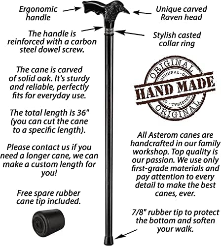 Asterom Handmade Wooden Carved Walking Cane for Men and Women - Raven - Stylish Walking Stick Gothic Crow Cane