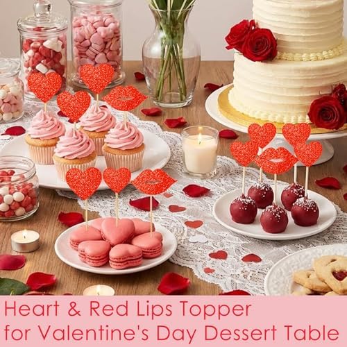 40Pcs Valentines Cupcake Toppers Red Heart & Lips Glitter Love Picks for Valentine's Day Anniversary Wedding Birthday Party Cake Decorations