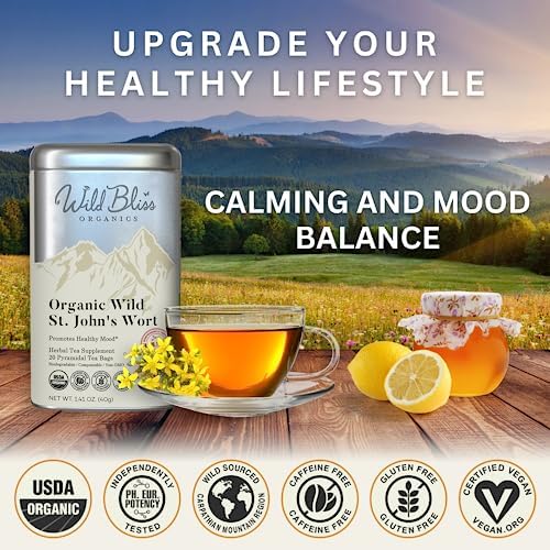 Wild Bliss Organic St Johns Wort Herbal Tea - Caffeine Free Mood Balance Support Tea - Pharmacopoeia Potency - 20 Plant Based Tea Bags