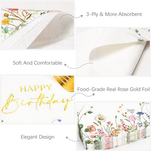 Crisky 3-Ply 50 Pcs Wildflower Floral Gold Foil Luncheon Happy Birthday Disposable Paper Napkins for Birthday Party Decoration