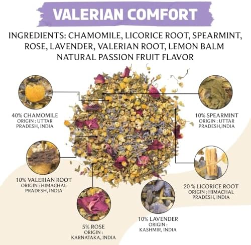 BREWIX, Valerian Comfort Herbal Tea (40+ Cups, 2.82oz/80g) Caffeine-Free Bedtime Blend with Valerian Root, Chamomile & Lavender | Floral & Earthy Infusion | Real Ingredients From India