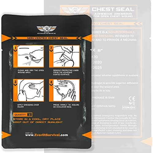 EVERLIT Occlusive Chest Seal Non-Vented Adhesive Dressing for Open Chest Injury and Sucking Chest Wound (6 Count)
