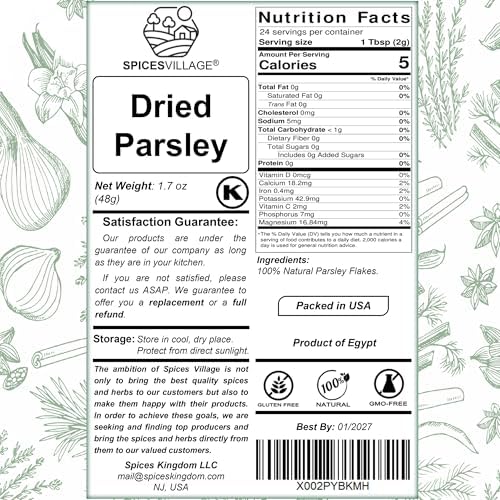 Spices Village Dried Parsley Flakes, Dry Parsley Seasonings, 1.7 Ounces, Kosher Certified, All Natural, Fresh, Gluten Free, Non GMO, Resealable Bulk Bag