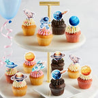 40Pcs Edible Space Astronaut Cupcake Toppers Solar System Galaxy Universe Planets Cupcake Picks Drink Topper for Outer Space Baby Shower Boys Blue Planet Birthday Party Cupcake Decorations