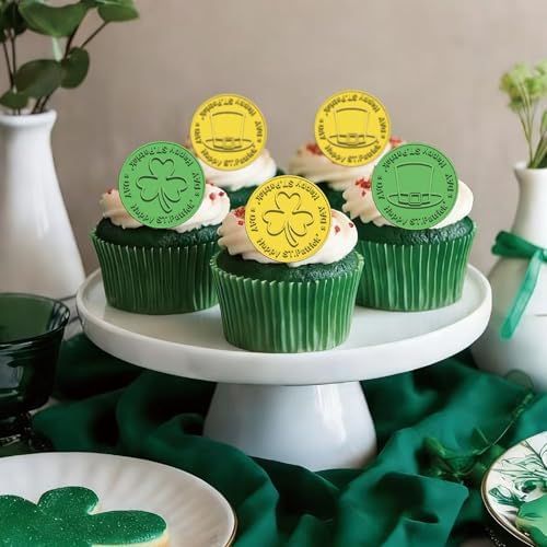 54Pcs Edible St Patrick's Day Cupcake Toppers, Irish Themed Home Cake Picks for St Patrick's Day Theme Baby Shower Birthday Party Supplies