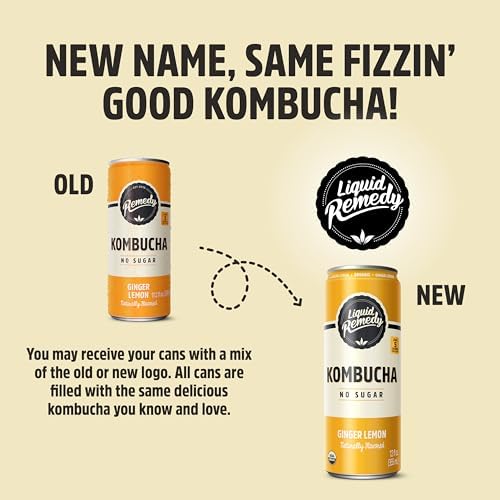 Liquid Remedy Kombucha Sugar Free Organic Drink, Low Calorie, Probiotic Like Tea for Gut Health - Ginger Lemon - 12 Fl Oz Can, 4-Pack