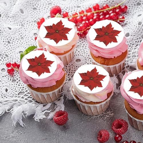 30Pcs Edible Fake Poinsettia Flowers Christmas Cupcake Toppers Wafer Paper Christmas Themed party Decorations Picks for Christmas Birthday Party Cake Decorations