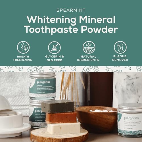 Georganics Whitening Mineral Toothpaste Powder – Spearmint – Stain Removing & Teeth Whitening -4.2 oz