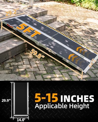 VNN Portable Wheelchair Ramp 5FT, Seamless Non-Slip Aluminum Ramps for Wheelchairs for Home, Handicap Wheelchair Ramps for Home Steps, Aluminum Loading Dock Plates, Black