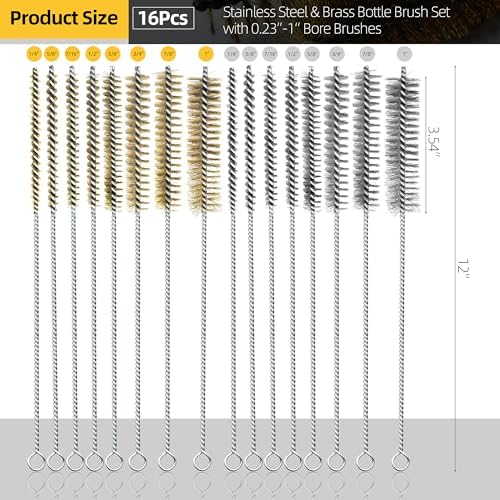 16Pcs Stainless Steel & Brass Wire Tube Brushes Bottle Brush Set,12" Long Wire Bore Brushes for Deep Cleaning Pipes,Tubes,Narrow Spaces, Engine Parts, Home Brew(1/4"-1" Sizes)