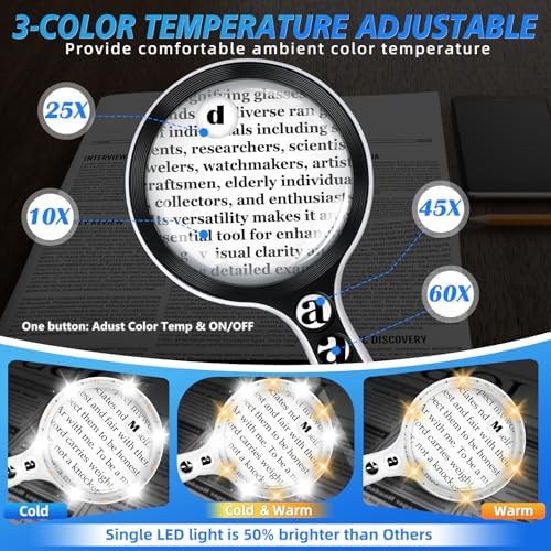 Large Magnifying Glass with Lights,10X 25X 45X 60X Handheld Lighted Magnifier, 5in Page Magnifier LED Lights, Magnifying Glass for Reading Small Prints & Low Vision Seniors with Aging Eyes