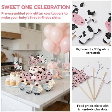 24Pcs Cow Cupcake Toppers Glitter Farm Animals One Cupcake Picks for Cow 1st Birthday Cow Theme Baby Shower Kids Birthday Party Cake Decorations Supplies