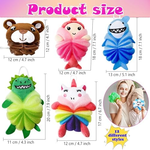 12 Pcs Kids Bath Loofahs Bath Sponge Cute Shower Ball Cartoon Animal Mesh Pouf Colorful Body Scrubbers for Girls Boys Washing Exfoliating