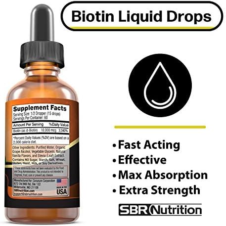 MAX Absorption Biotin Liquid Drops, 10000mcg of Biotin Per Serving, 60 Serving, No Artificial Preservatives, Vegan Friendly, Supports Healthy Hair Growth, Strong Nails and Glowing Skin, Made in USA